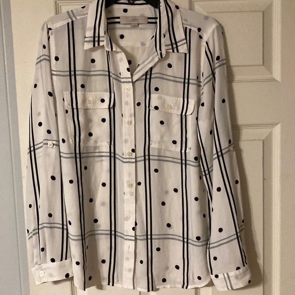 LOFT Tops - White and Navy Patterned Ladies blouse